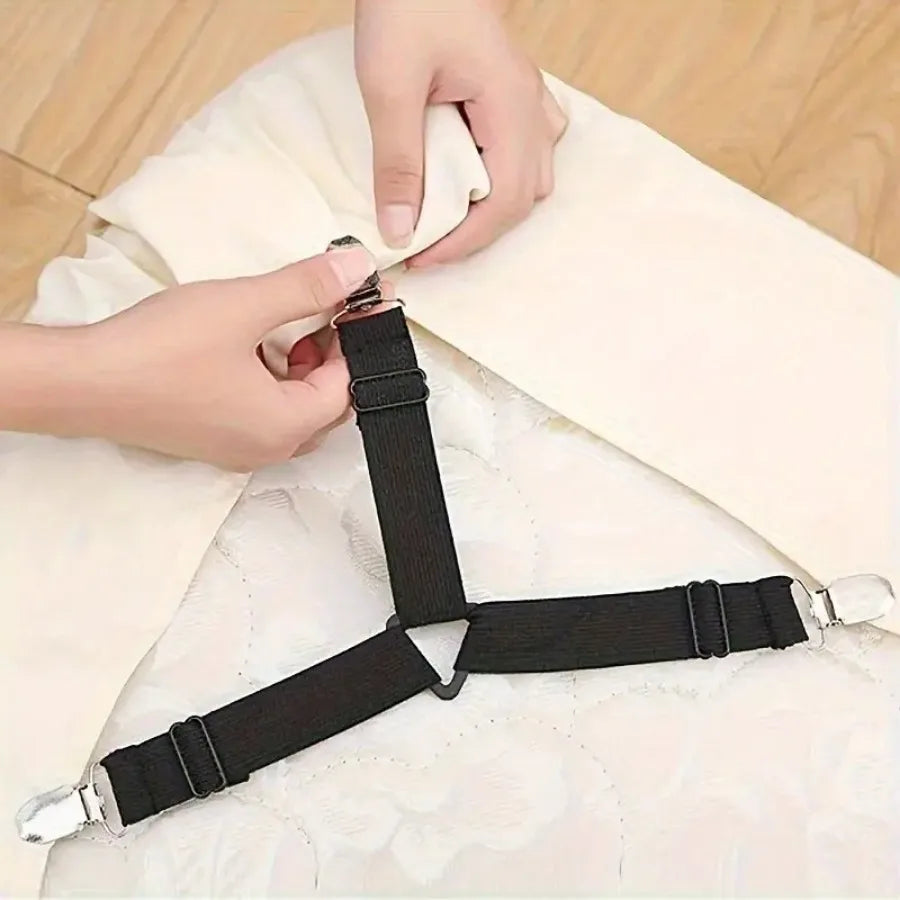 4 Piece Black Anti Slip Triangular Fixator with Adjustable Elasticity, Suitable for Fixing Bed Sheets, Tablecloths, Etc
