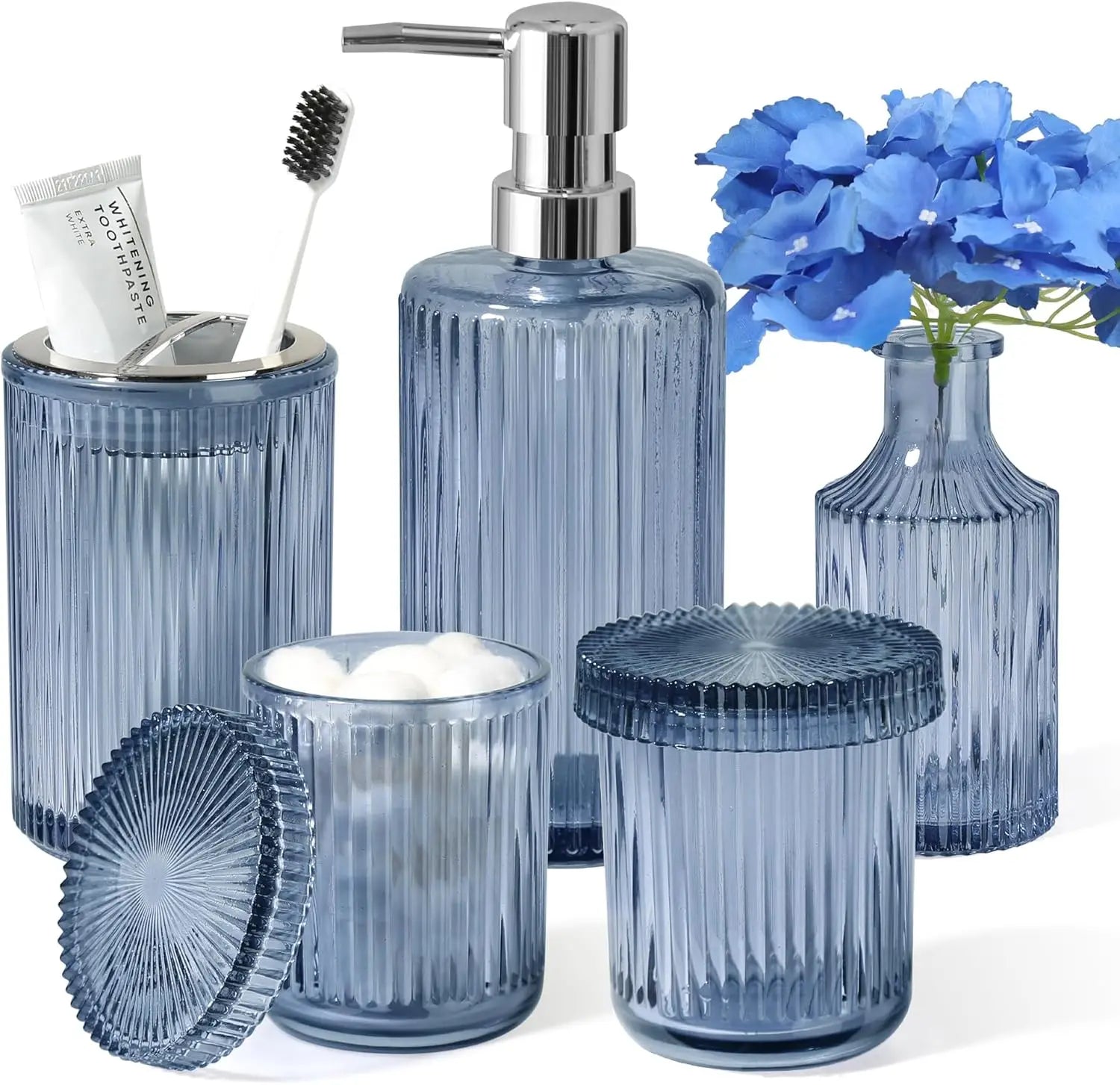 Vintage Blue Glass Bathroom Set, 5-Piece Soap Dispenser Toothbrush Holder Qtip Jar Vase Decor