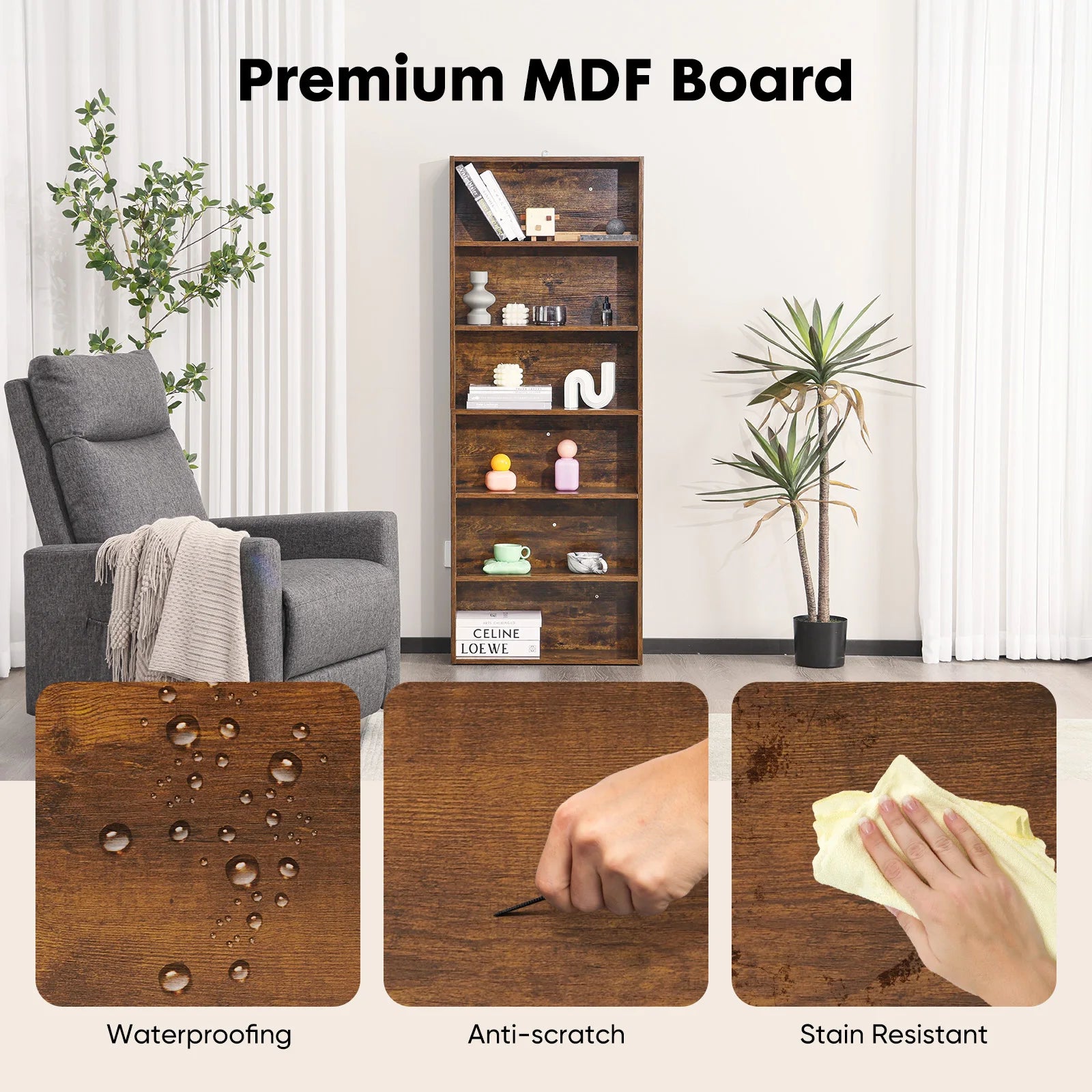 6 Tier Wooden Shelf Bookcase 63 Inch