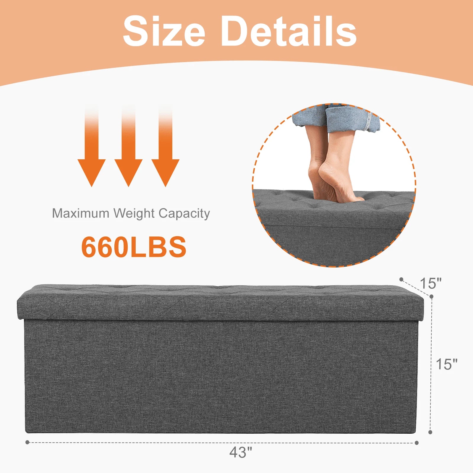 43 Inches Ottoman Bench Foldable Storage Chest