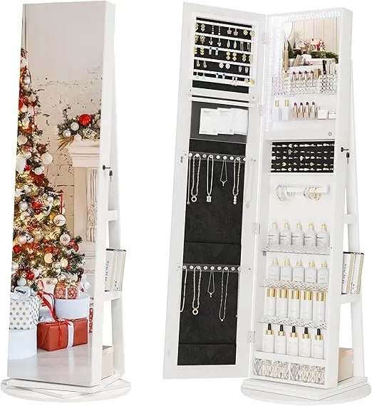 Standing Mirror Jewelry Cabinet Lockable Storage Organizer