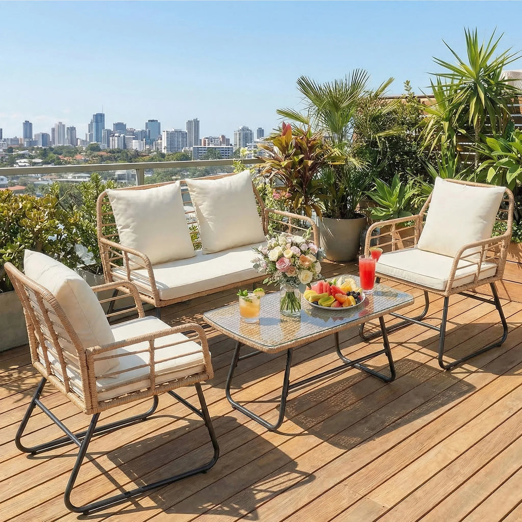 JHK Outdoor Wicker Patio Furniture Set 4 Pieces with Soft Cushion and Glass Table Manual Weaving Patio Chairs For Garden Lawn