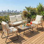 JHK Outdoor Wicker Patio Furniture Set 4 Pieces with Soft Cushion and Glass Table Manual Weaving Patio Chairs For Garden Lawn