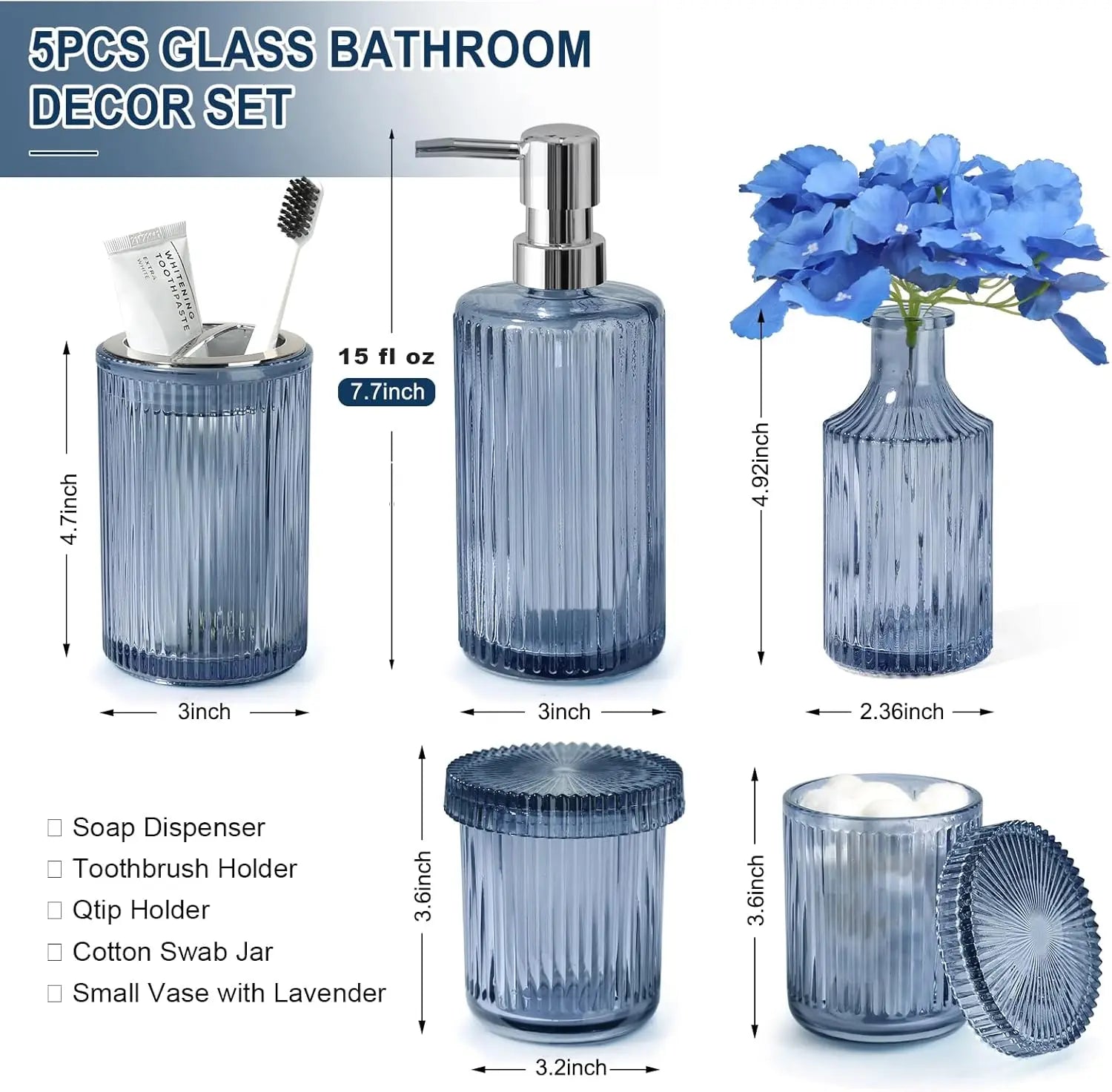 Vintage Blue Glass Bathroom Set, 5-Piece Soap Dispenser Toothbrush Holder Qtip Jar Vase Decor