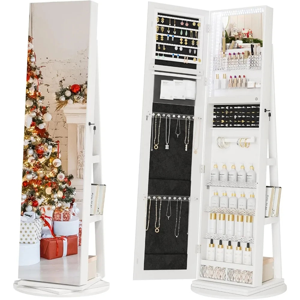 Standing Mirror Jewelry Cabinet Lockable Storage Organizer