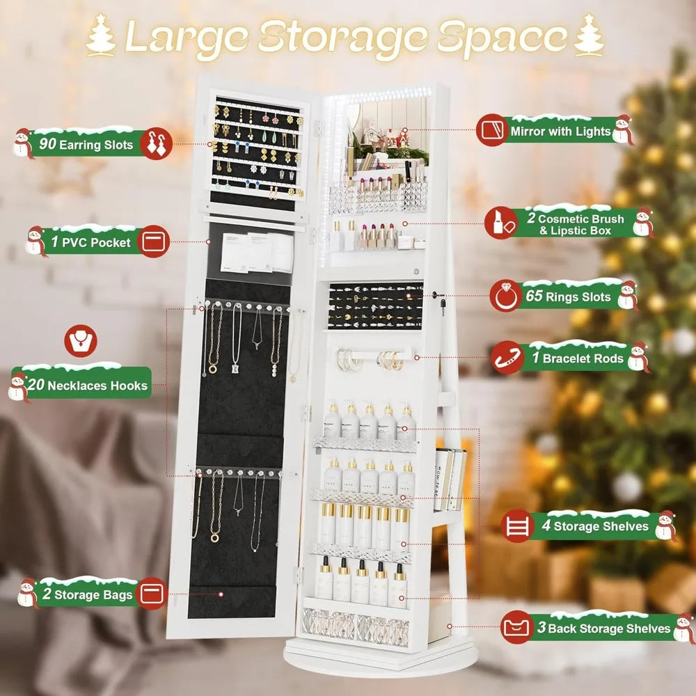 Standing Mirror Jewelry Cabinet Lockable Storage Organizer