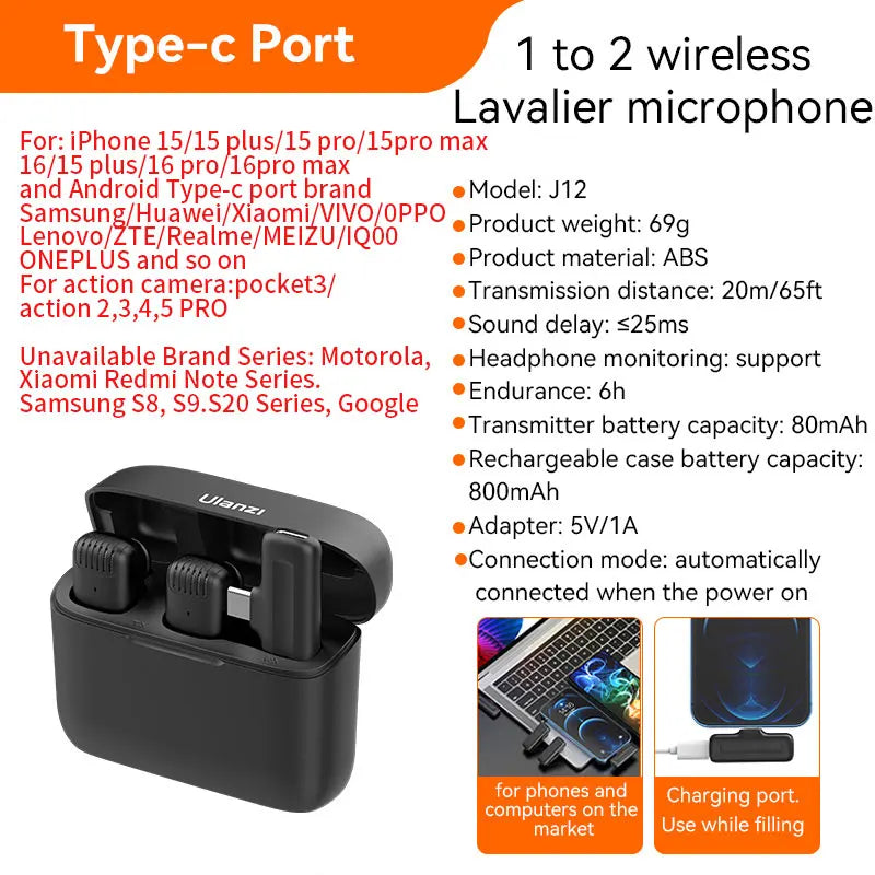 J12 Wireless Lavalier Microphone Audio Video Recording