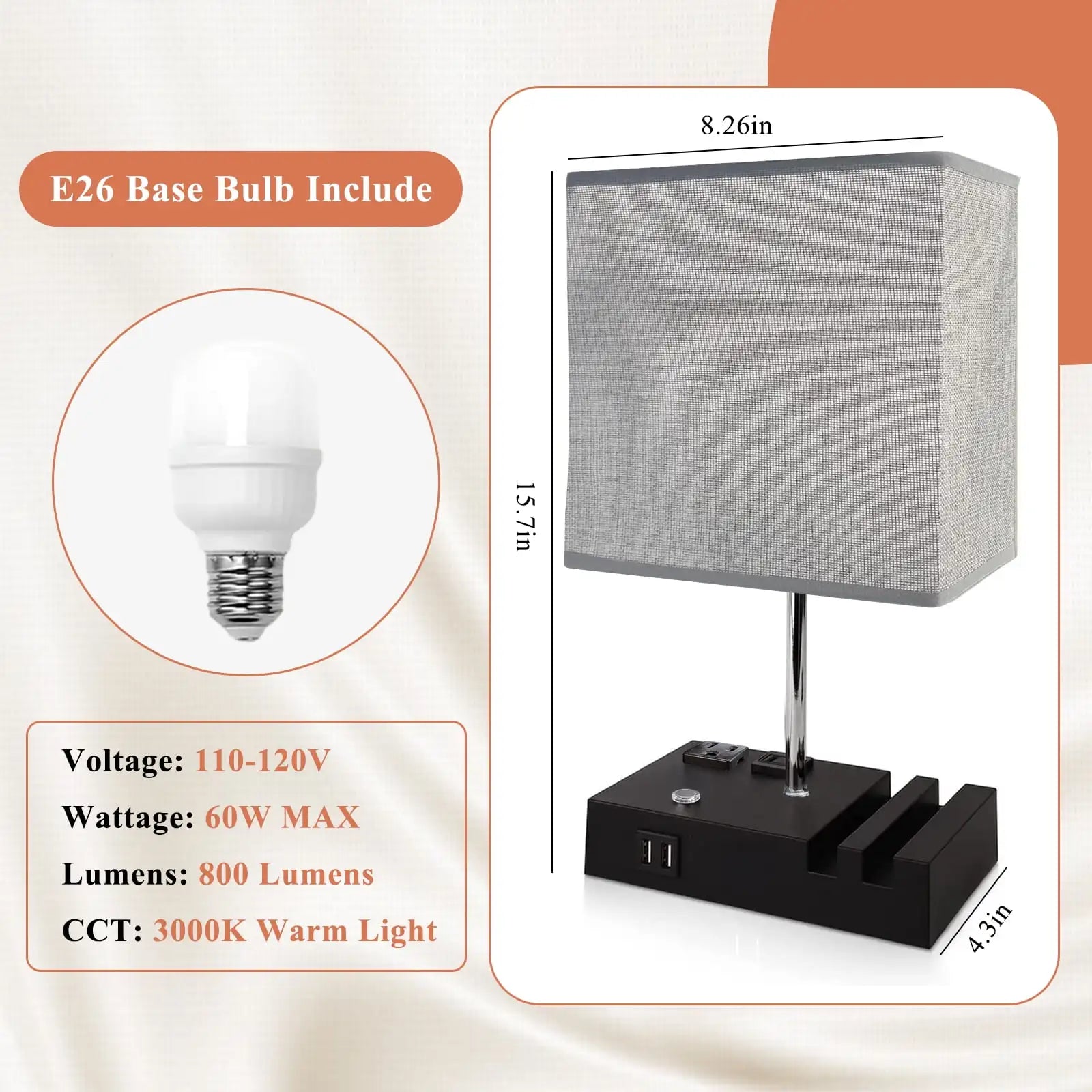 SZRSTH 15.7" Bedside Table Lamp for Bedroom