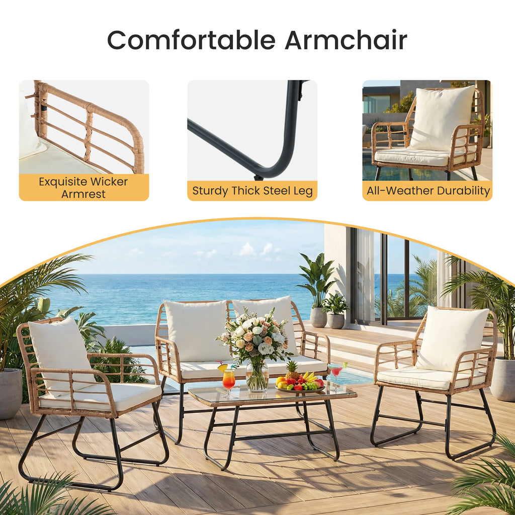 JHK Outdoor Wicker Patio Furniture Set 4 Pieces with Soft Cushion and Glass Table Manual Weaving Patio Chairs For Garden Lawn
