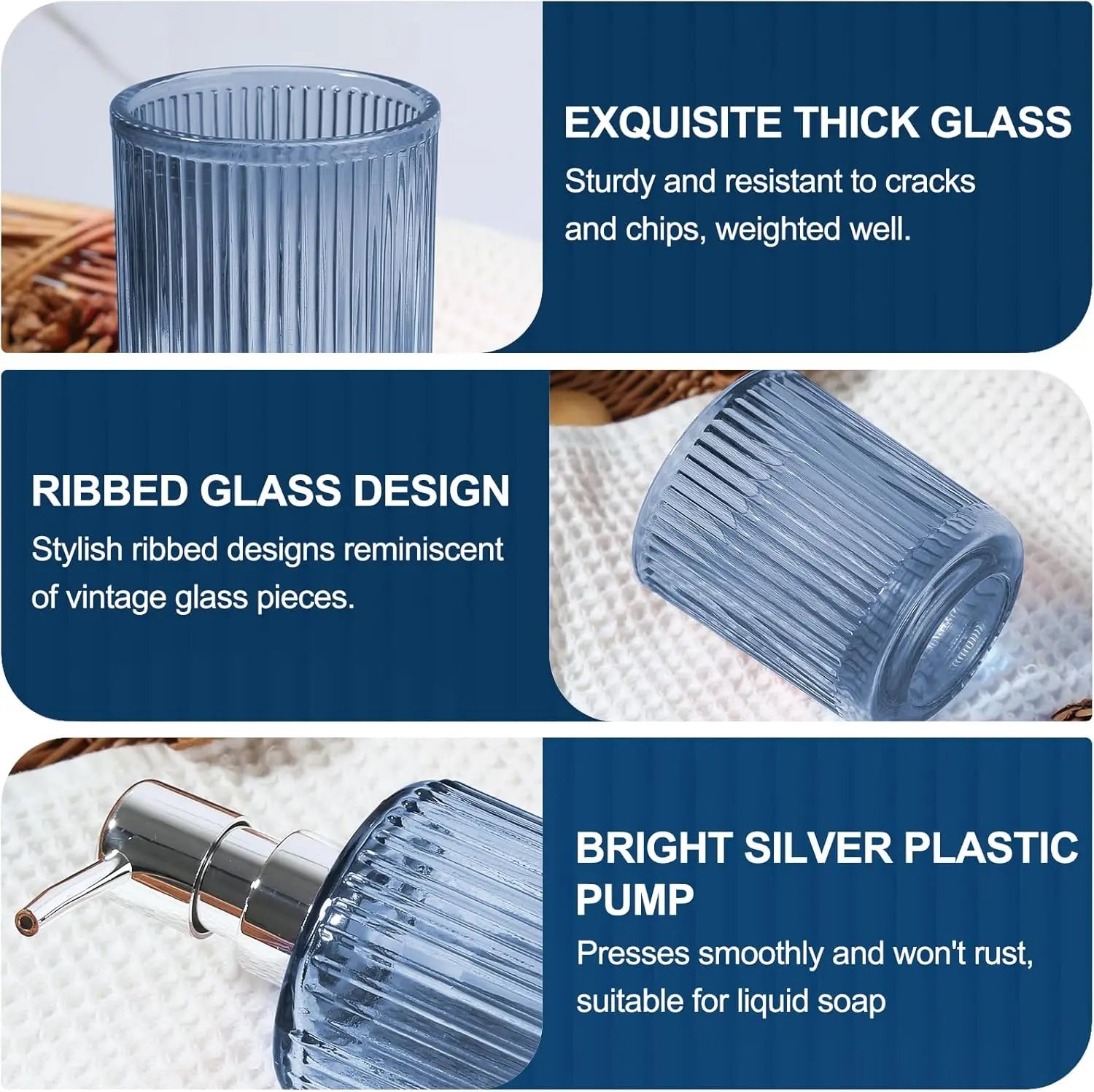 Vintage Blue Glass Bathroom Set, 5-Piece Soap Dispenser Toothbrush Holder Qtip Jar Vase Decor