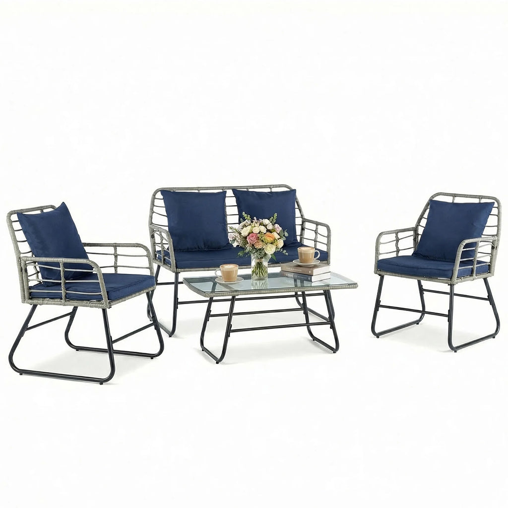 JHK Outdoor Wicker Patio Furniture Set 4 Pieces with Soft Cushion and Glass Table Manual Weaving Patio Chairs For Garden Lawn