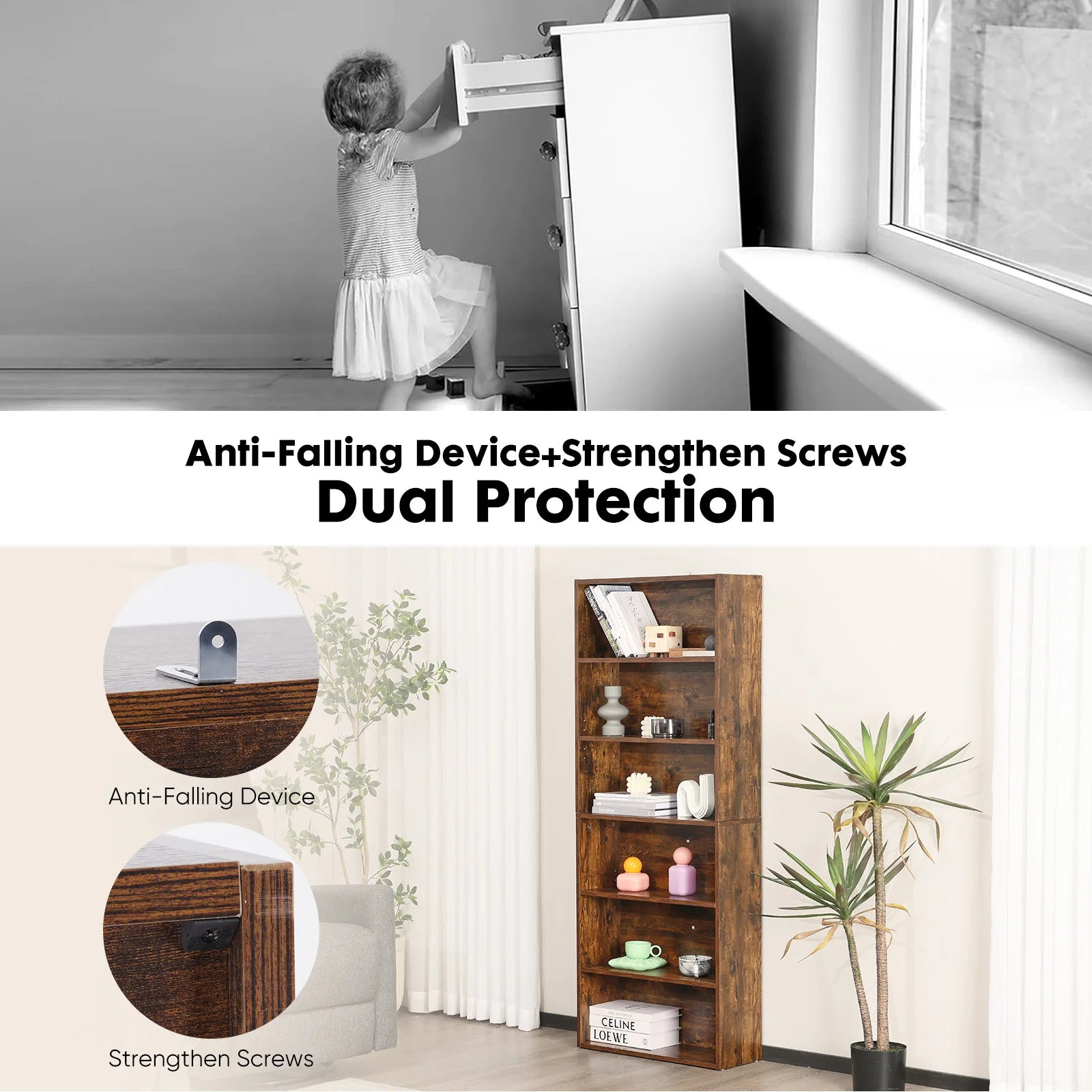6 Tier Wooden Shelf Bookcase 63 Inch