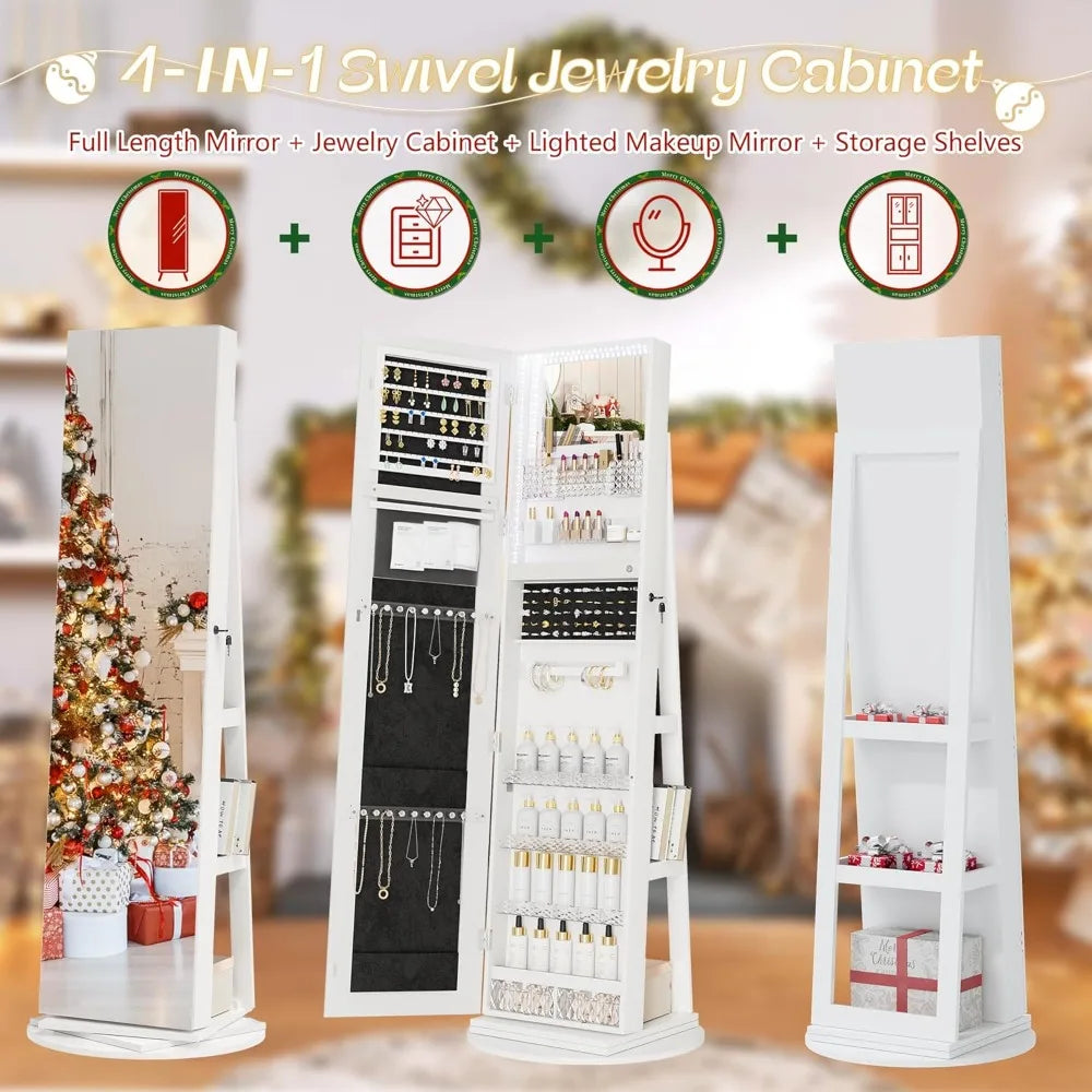 Standing Mirror Jewelry Cabinet Lockable Storage Organizer
